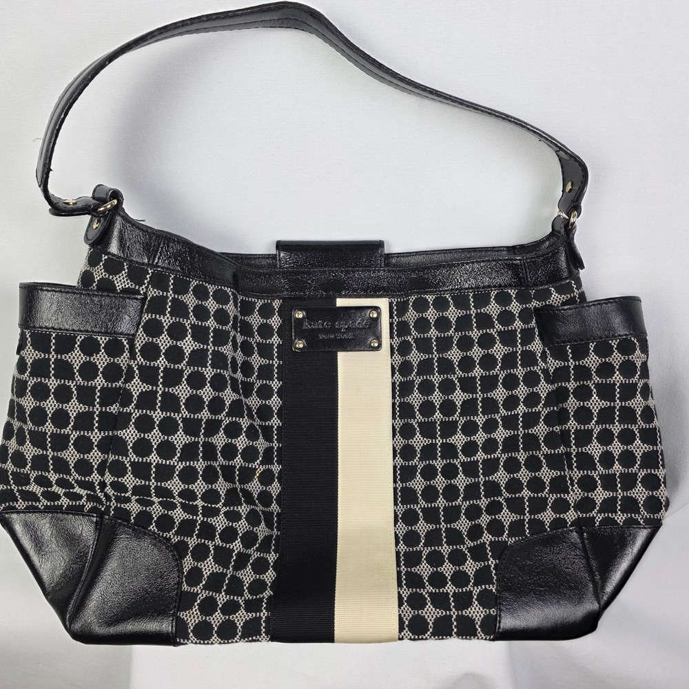 Kate Spade Black Cream‎ Spade Dot Jacquard Stripe Leather Trim Shoulder Bag Tote